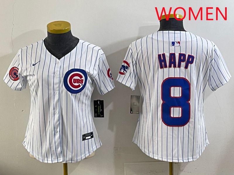 Women 2025 Chicago Cubs #8 Happ White Stripe Game Nike MLB Jersey style 5->youth mlb jersey->Youth Jersey